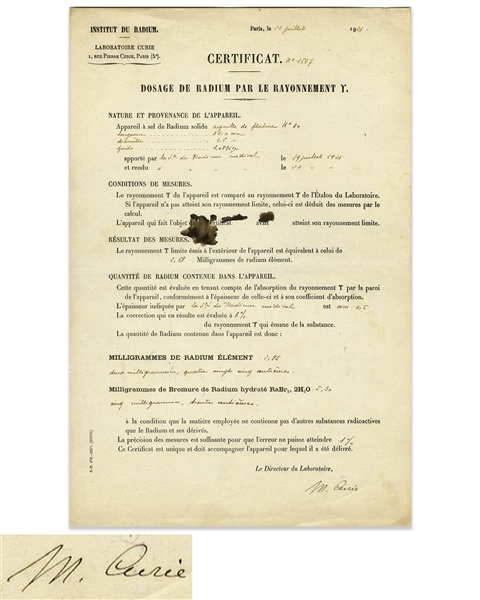 Scarce Marie Curie Signed Document From Her ''Institut du Radium'' Laboratory -- Curie Signs Off on an Experiment in Her Lab